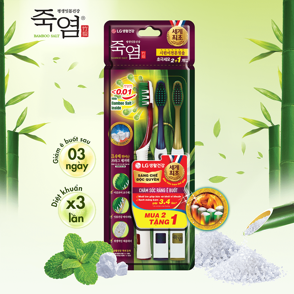 Bàn chải răng Bamboo Salt Shirinnee chăm sóc răng ê buốt vỉ 2 + 1